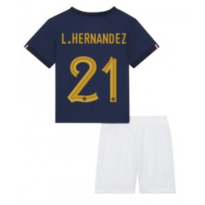 Frankrig Lucas Hernandez #21 Hjemmebanesæt Børn VM 2022 Kort ærmer (+ korte bukser)